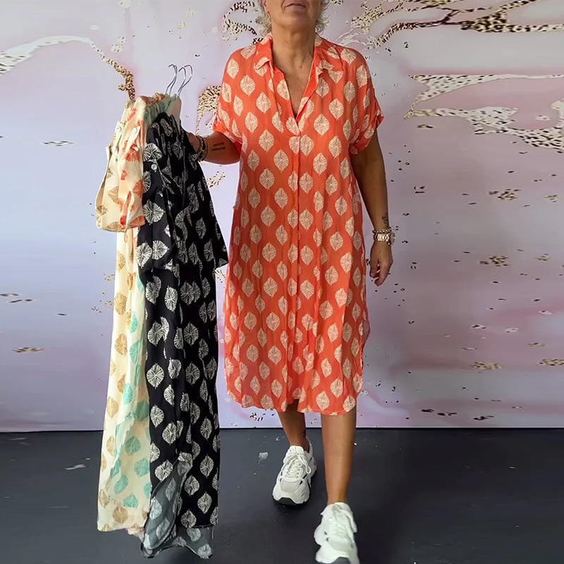 Liora | Loose summer dress with lapel collar and short sleeves