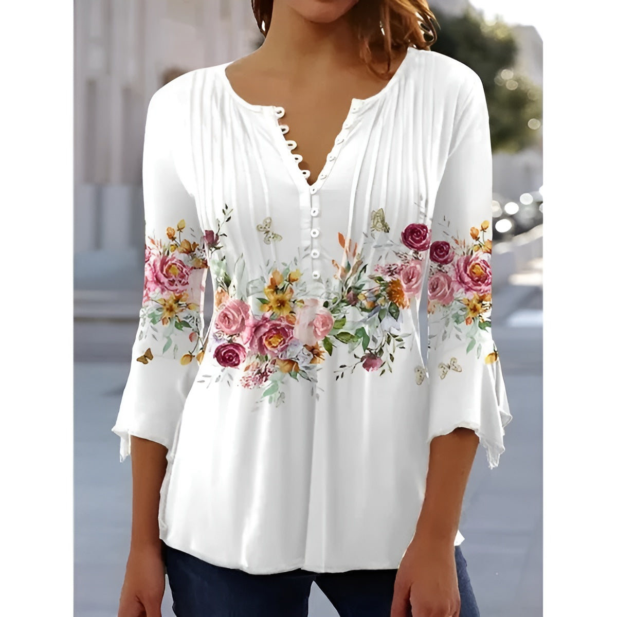 Lilie™ | Blumenbluse mit V-Ausschnitt