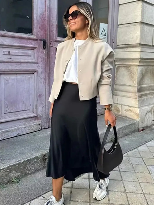 Drew | Zeitloser Satin-Midirock mit luxuriösem Look