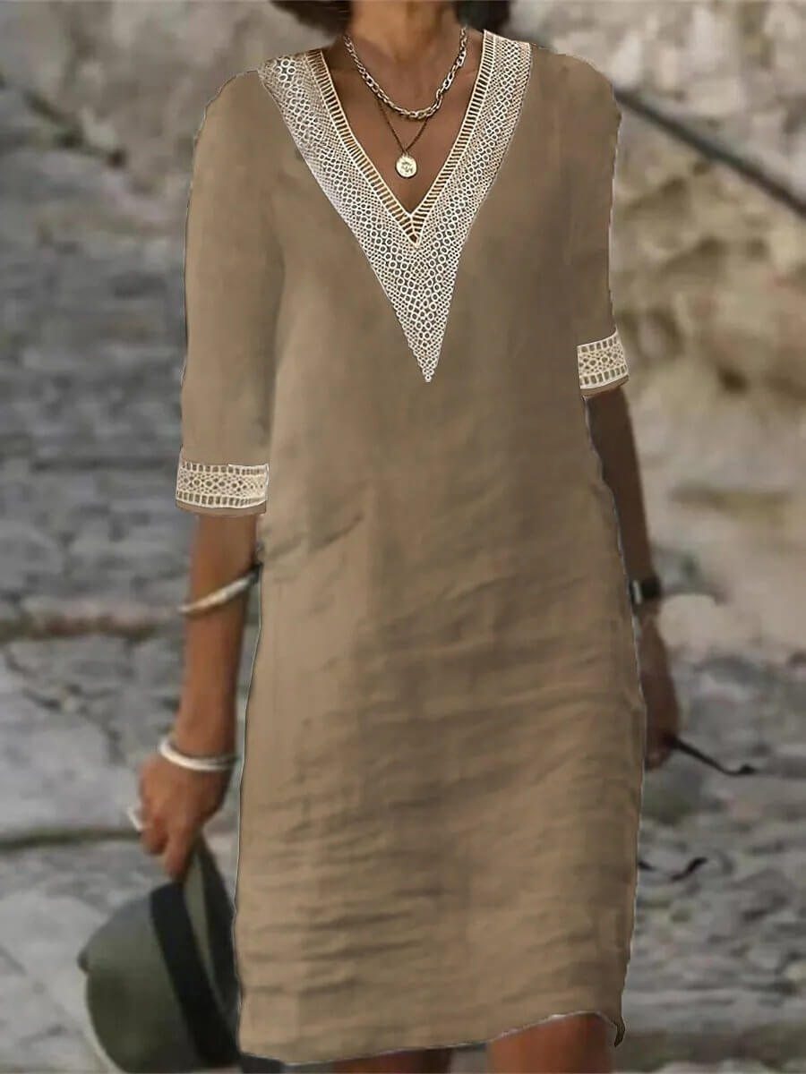 Hanna™ | Elegantes Kleid mit V-Ausschnitt und Häkelbesatz