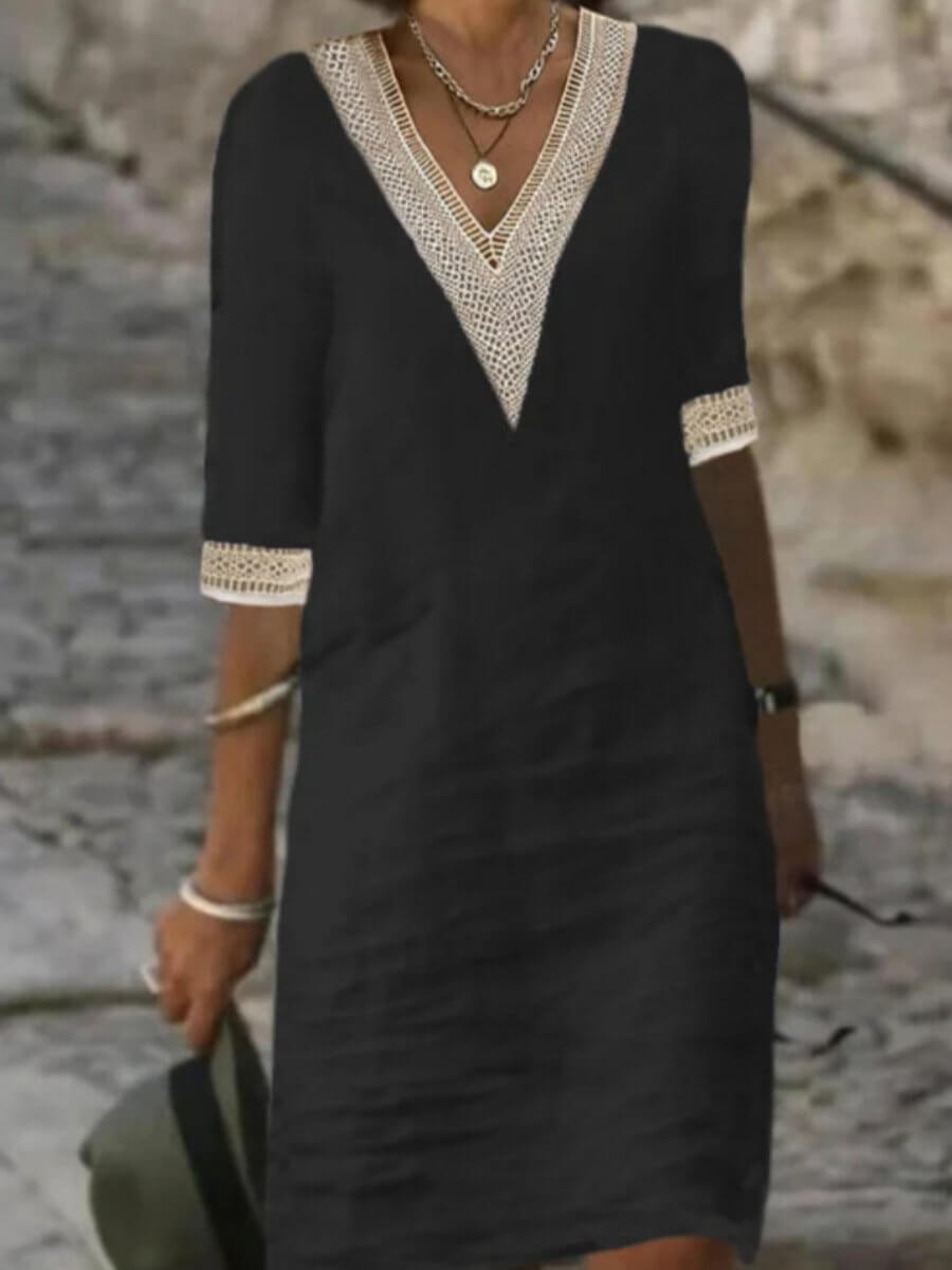 Hanna™ | Elegantes Kleid mit V-Ausschnitt und Häkelbesatz