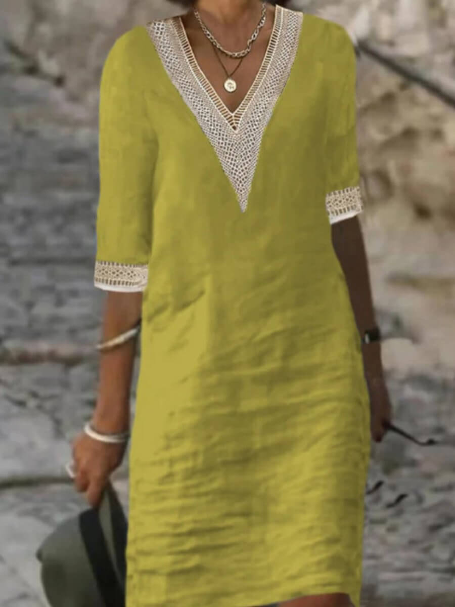 Hanna™ | Elegantes Kleid mit V-Ausschnitt und Häkelbesatz