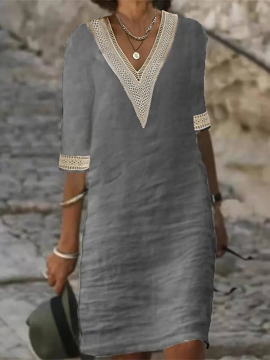 Hanna™ | Elegantes Kleid mit V-Ausschnitt und Häkelbesatz